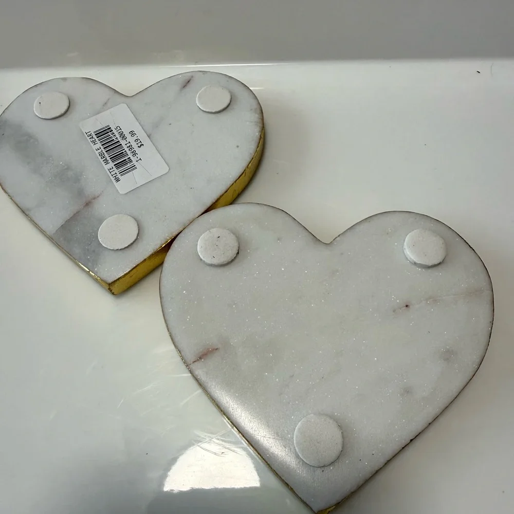 Heart-Shaped Marble Coasters with Gold Trim. (2)